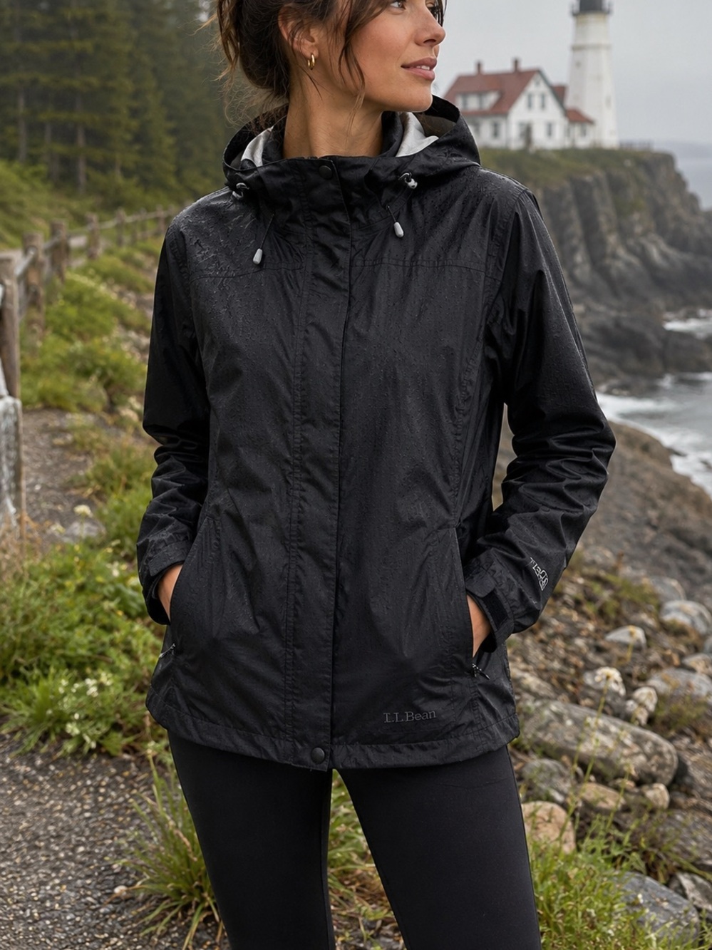 L.L.Bean Trail Model Rain Jacket Women Small Black TEK Waterproof Hooded